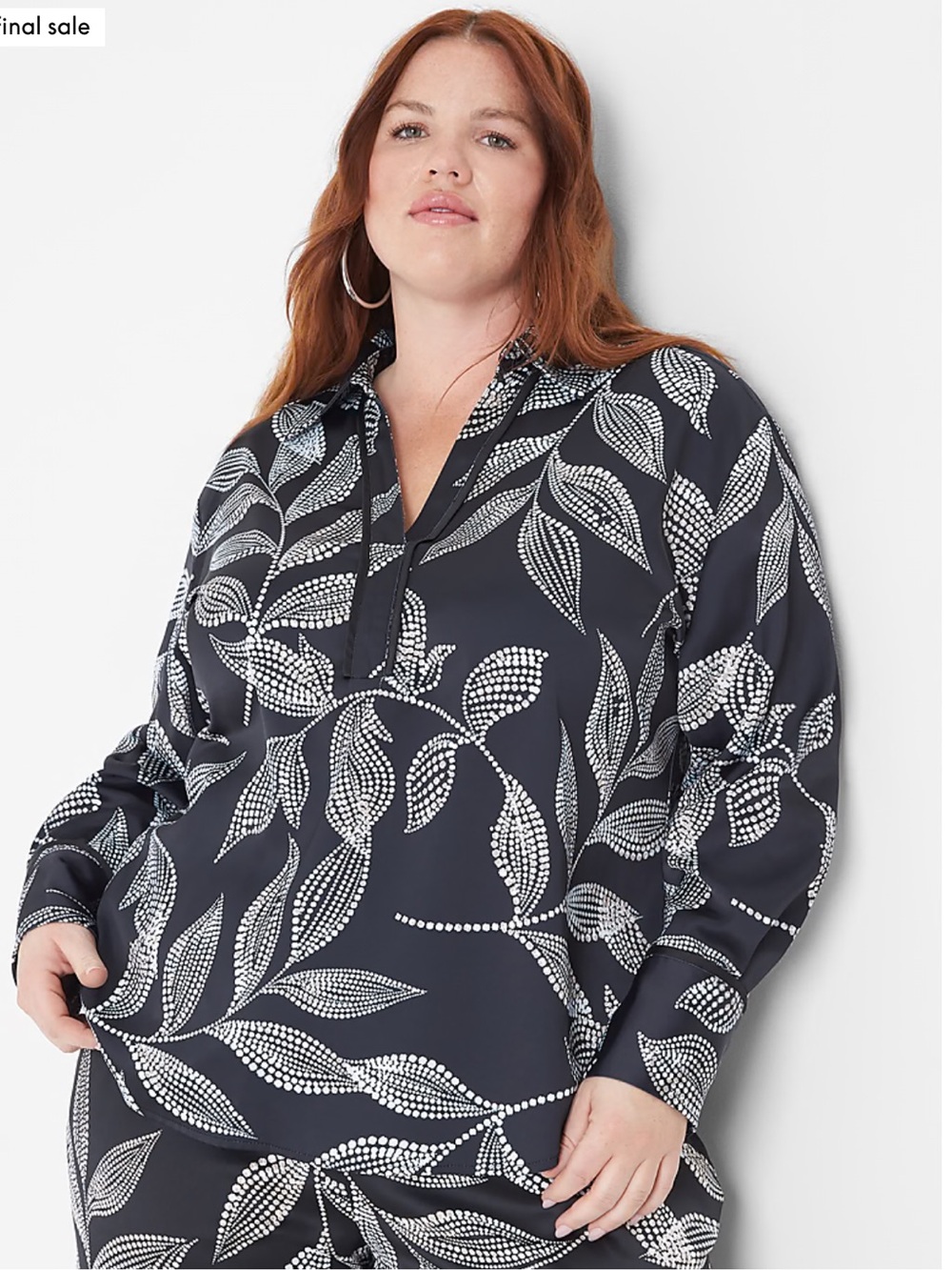 Lane Bryant Navy and White Leaf-Print Tunic Blouse